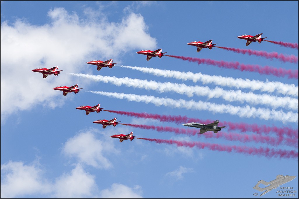 RCAF 100th Formation - Red Arrows and CF-118 Hornet 